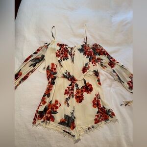 White Floral Print Romper (long sleeve, off shoulder)